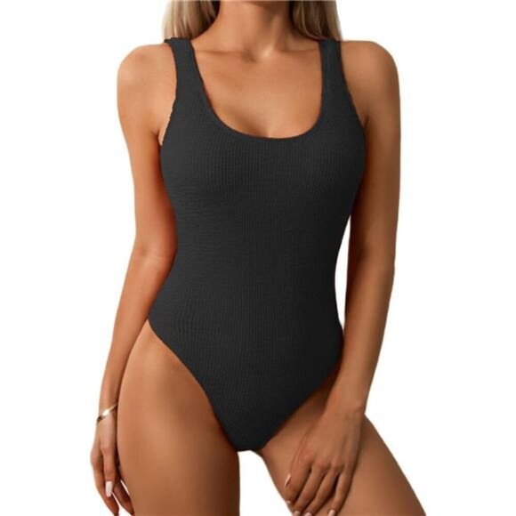 Women's Solid Ribbed One Piece Swimsuit Monokini Low Back Scoop Neck